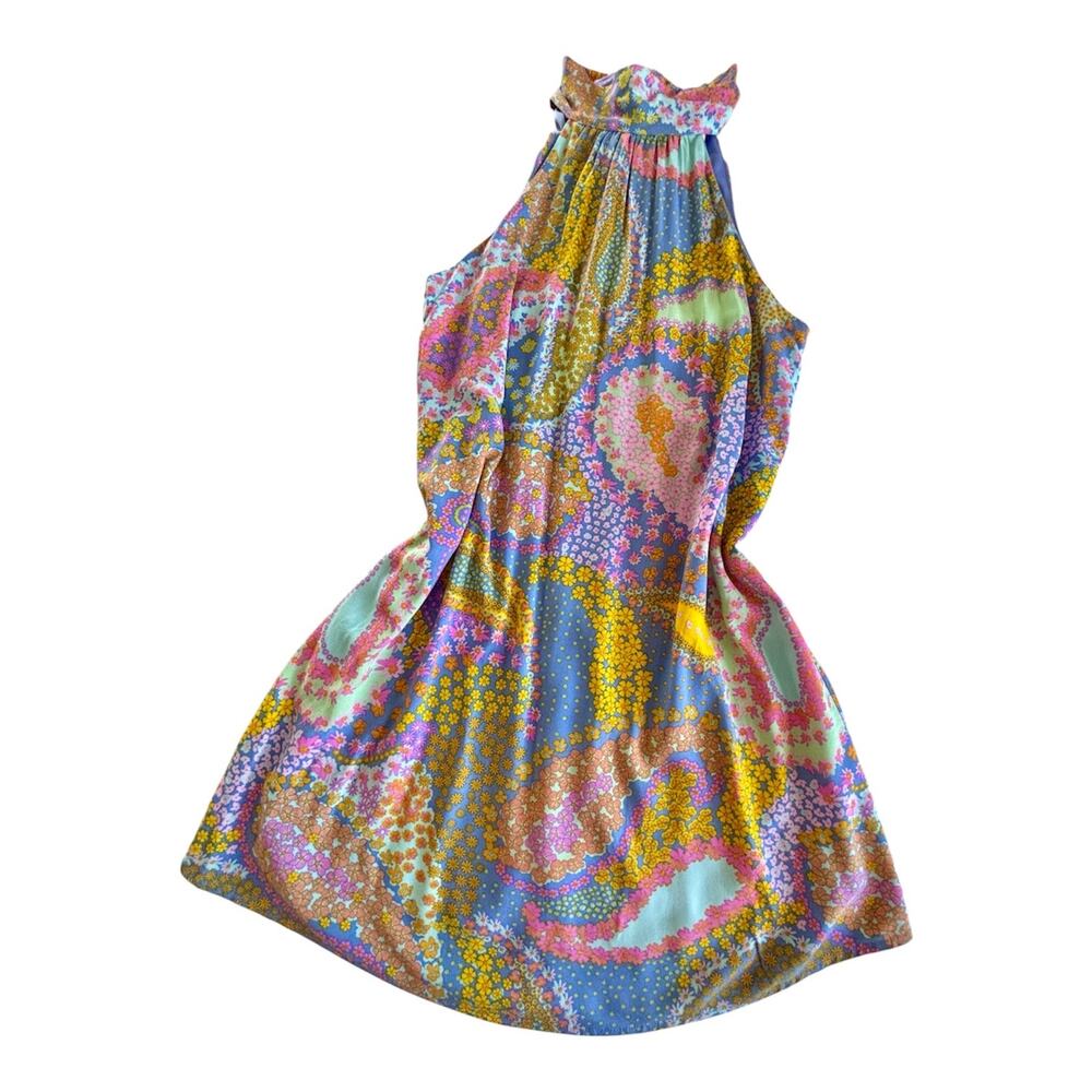 Emily Wonder Paisley Flowers High Neck Swing Mini Dress Women’s Small Retro Boho